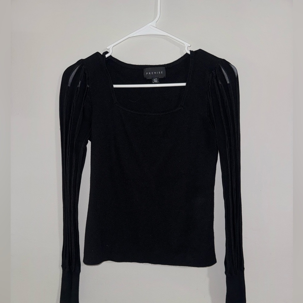 Premise Black Ribbed Sweater – Mesh Stripe Sleeves – Size Small